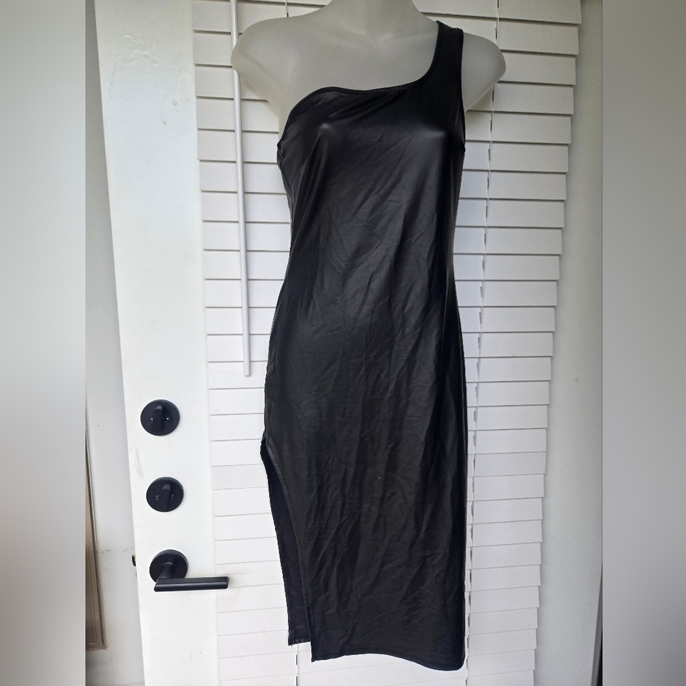 Bozzolo Black One Shoulder Faux Leather Dress Sz M